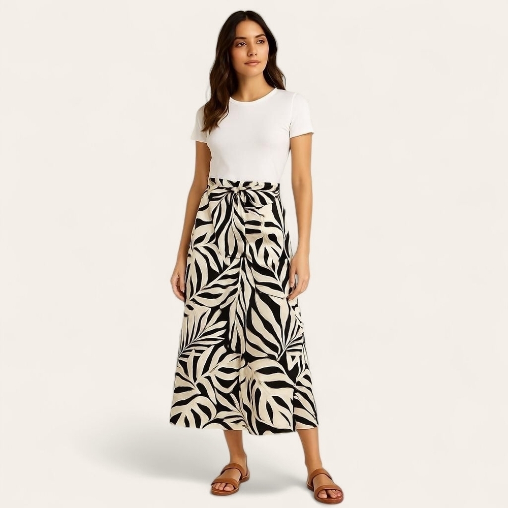 Tribal Black and White A-Line Maxi Skirt with Ruched Detail, Size Medium